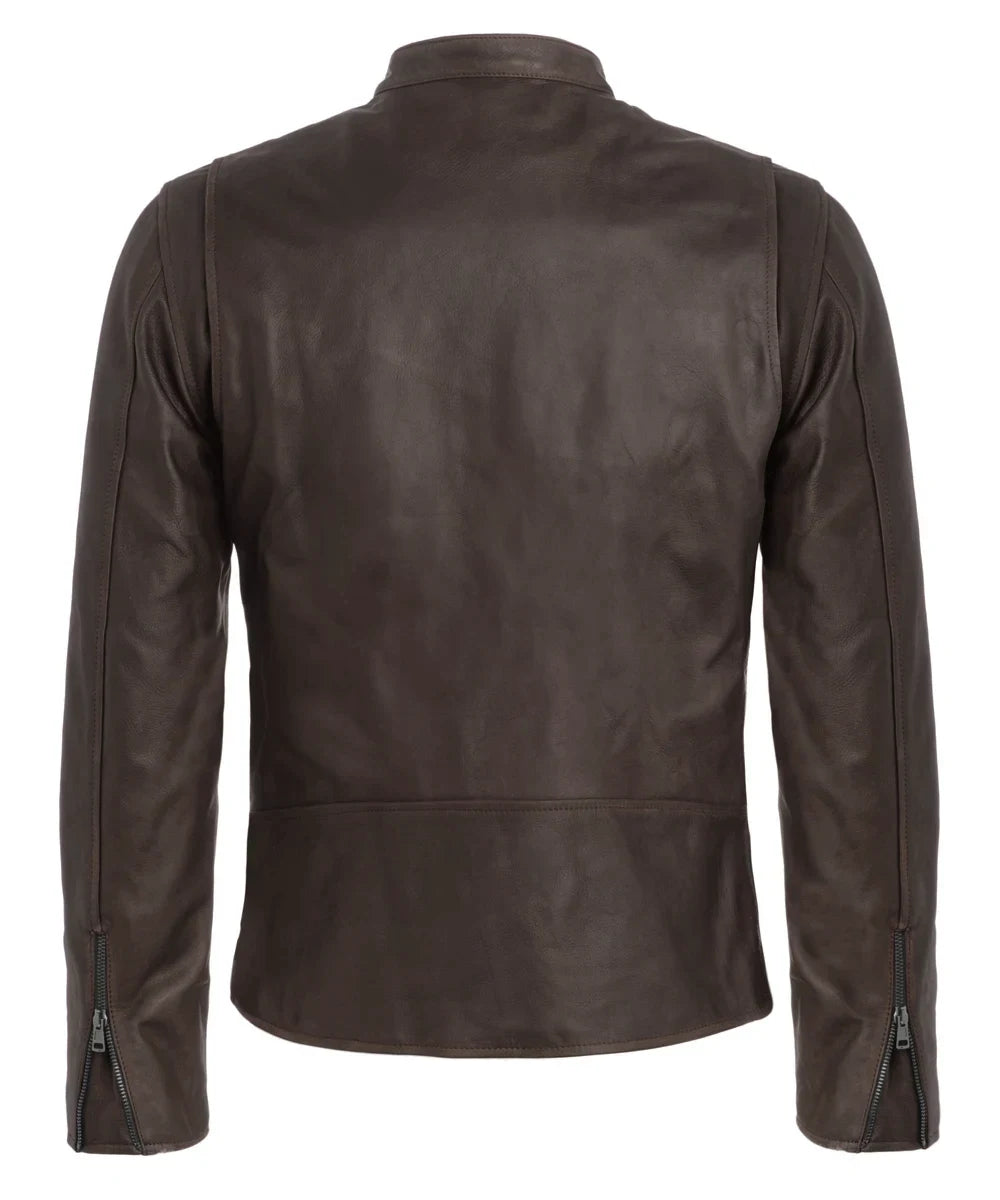 Brown Italian leather jacket in a biker style with gunmetal zips.