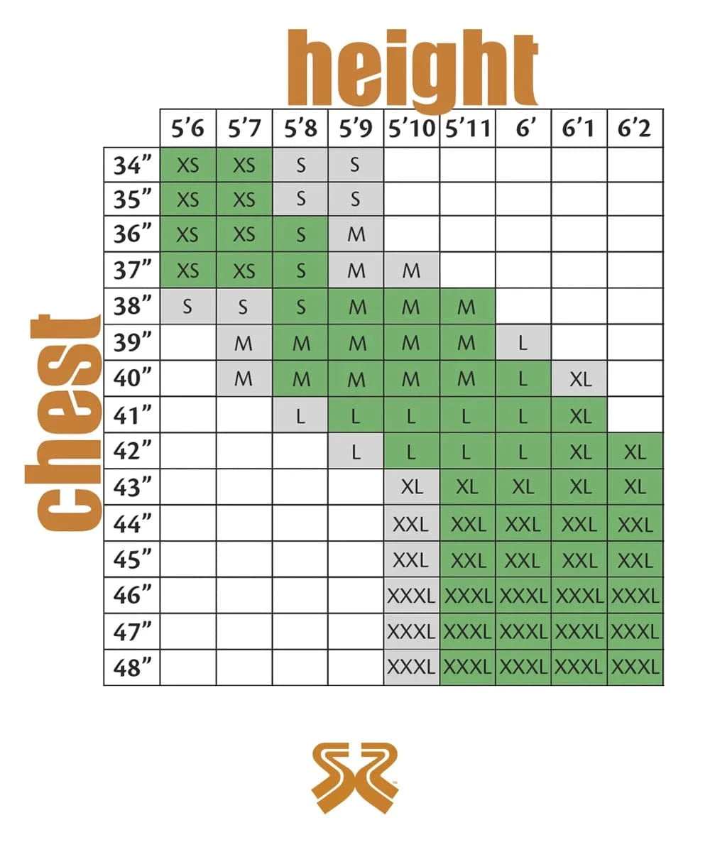 Useful men's size guide to help choose the correct cotton jacket. Choose chest measurement down the left side and cross reference with height along the top.