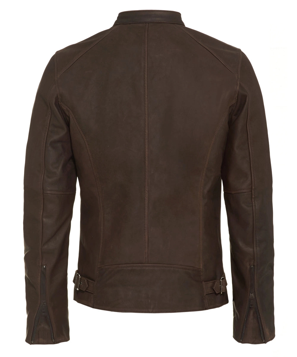 Rear view of mens brown leather jacket made in Italy. Salvation cafe racer style.