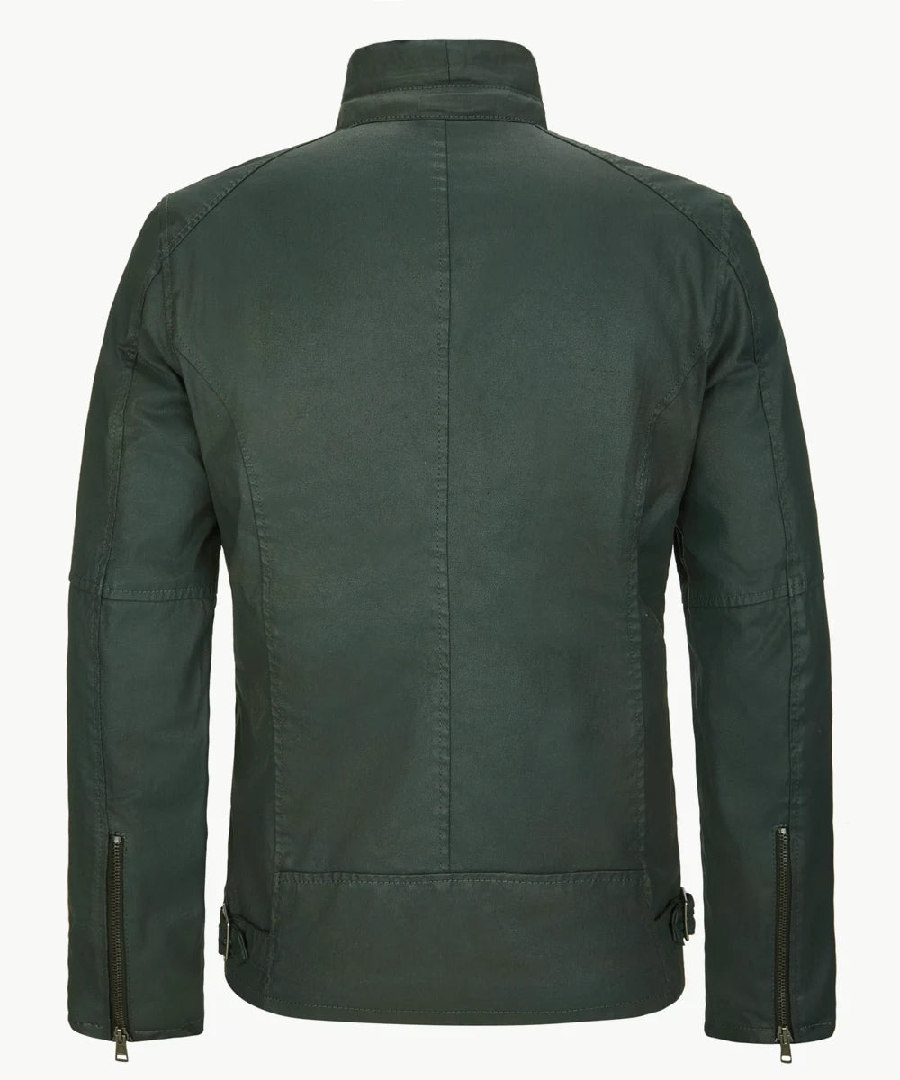 Back view of men's green cotton jacket with slim fit vintage styling, upright collar and tailored fit