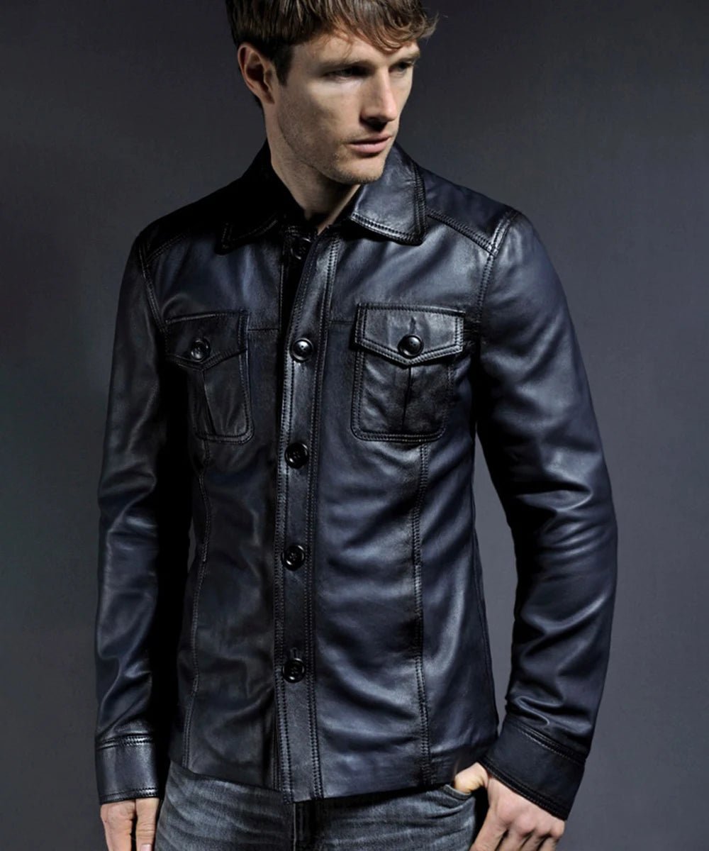Vintage leather jacket for men. The Haymaker blue shirt style.