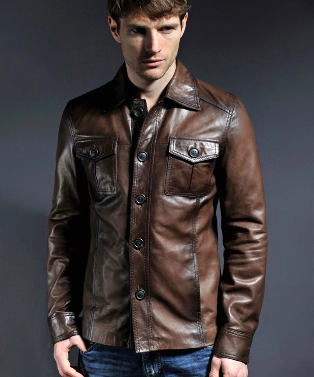 Men's vintage leather jacket. The Haymaker brown button shirt.