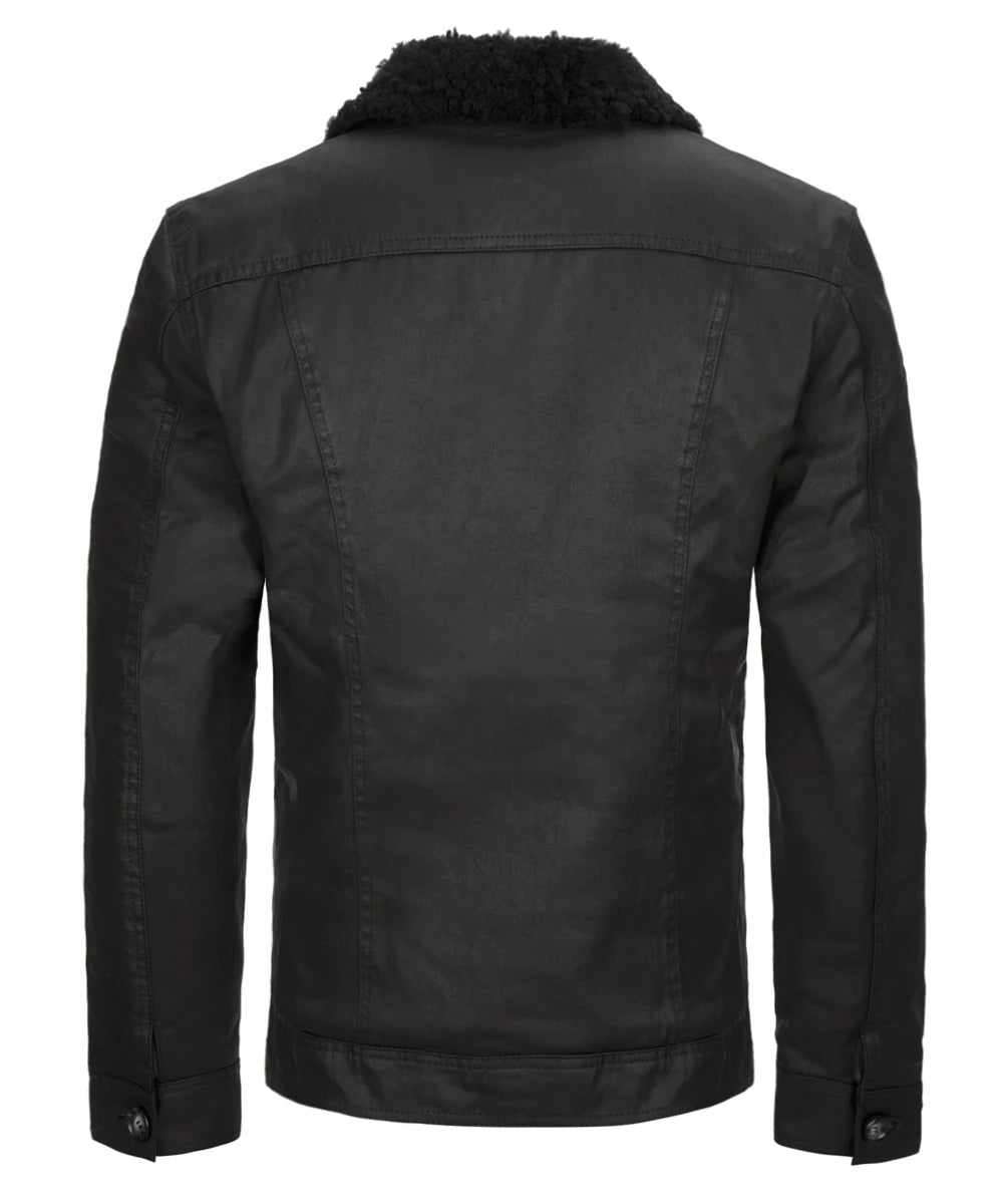 rear view of mens black cotton jacket in trucker style with wool collar