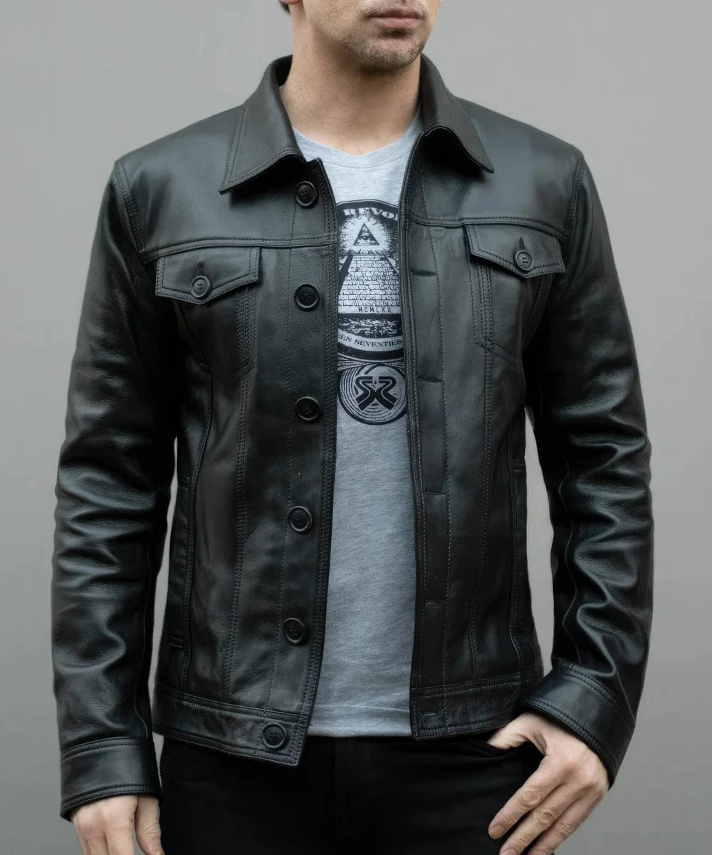 Soul Revolver Vintage Style Leather Jacket mens Trucker leather jacket