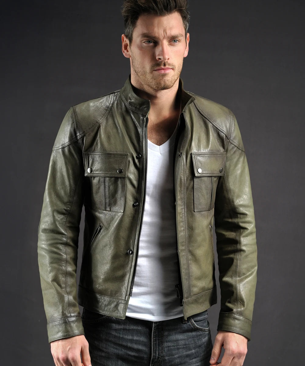 Mens green leather jacket. Waist length, slim fit replica style.