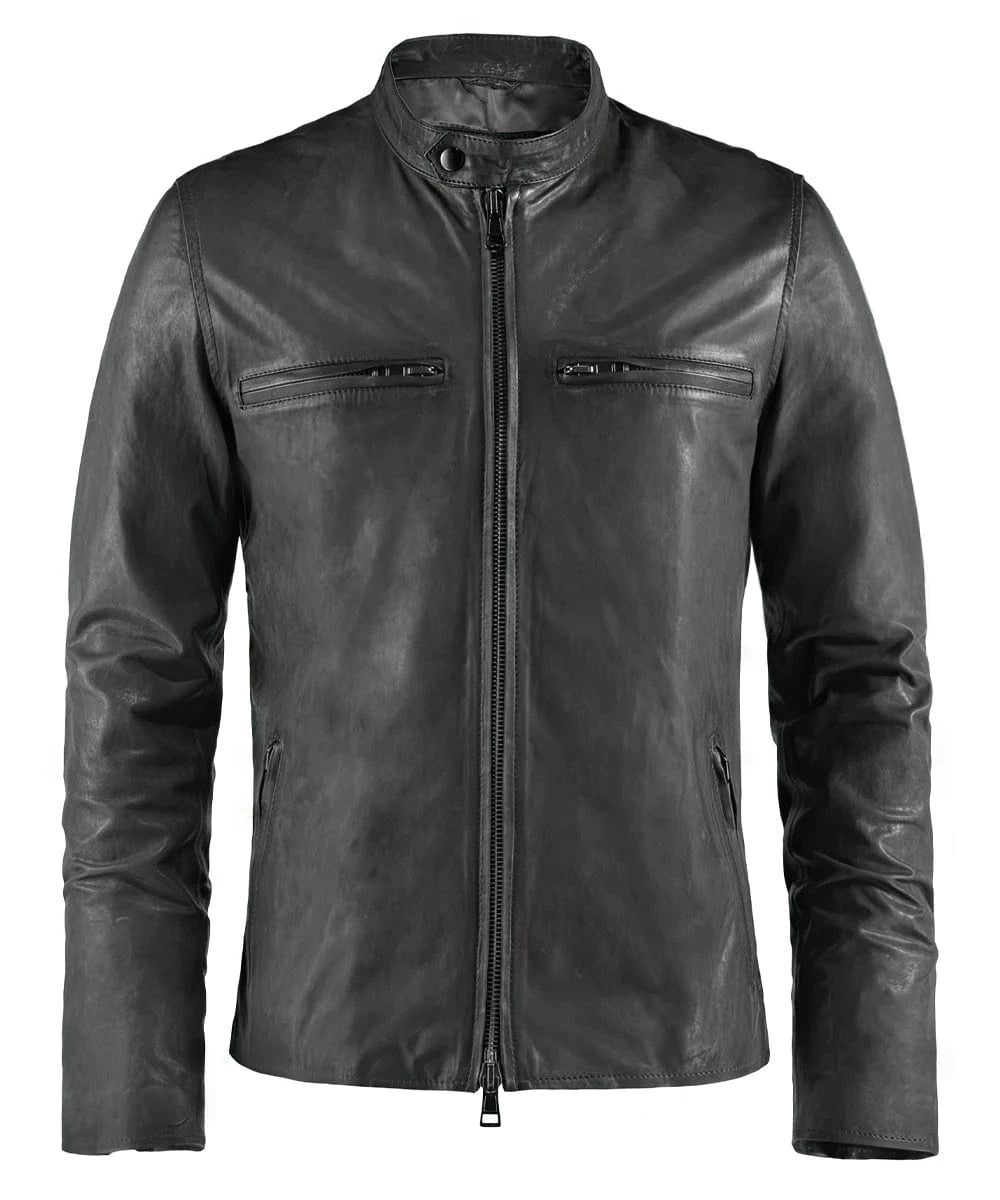 Mens Grey Leather Jacket Cafe Racer by Soul Revolver