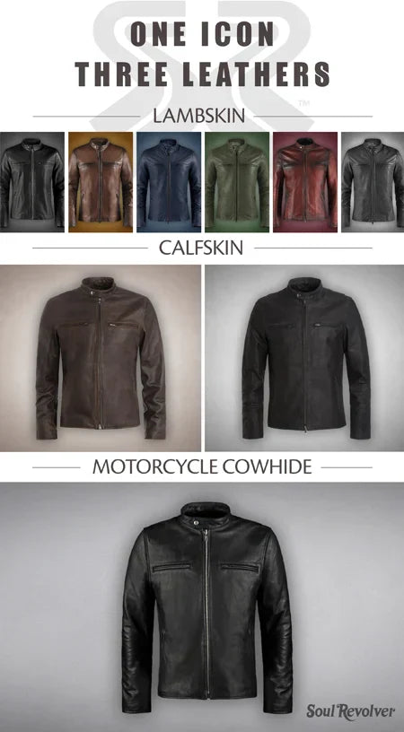 Comparison of the Soul Revolver Café Racer jacket in lambskin, calf leather, and motorcycle cowhide.