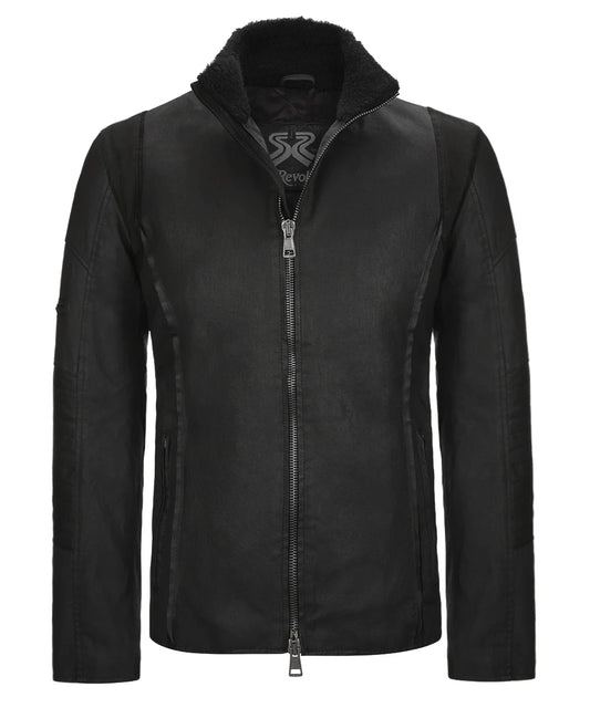 Men's black cotton jacket with a two-way gunmetal zip and stylish suede detail.