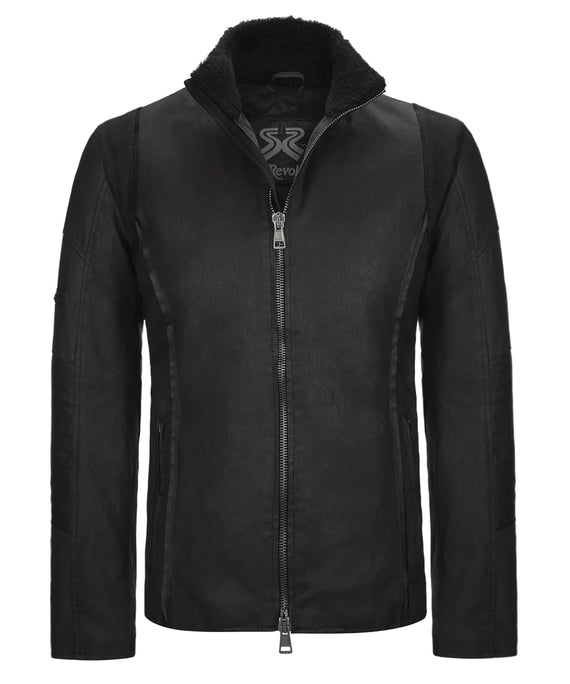 Front view of A-10 black jacket with raised collar and suede detail