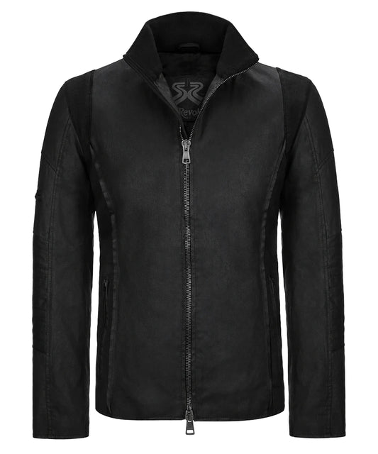 Front view of A-10 black jacket with raised collar and suede detail