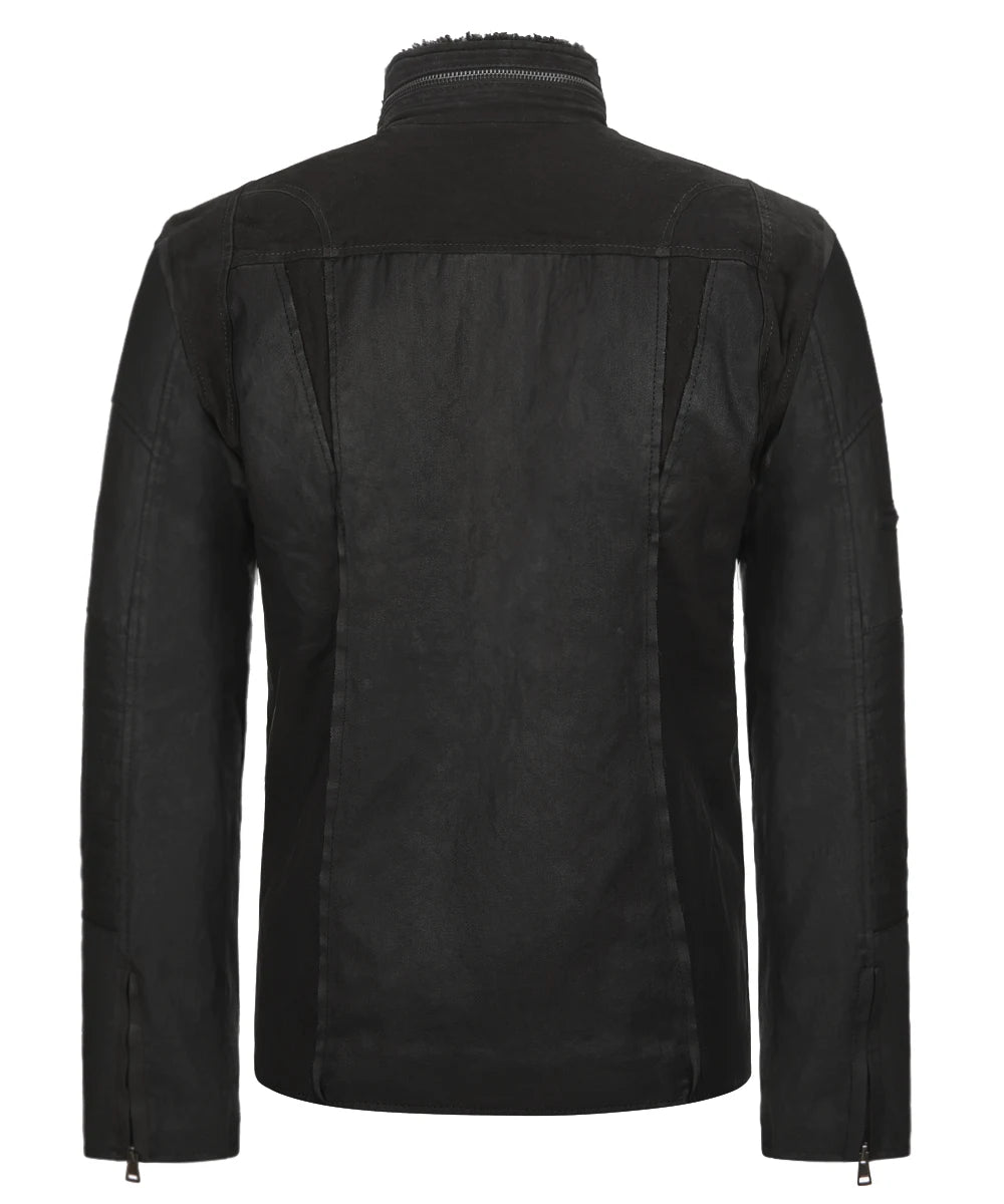 Rear view of A-10 black jacket with panel detailing