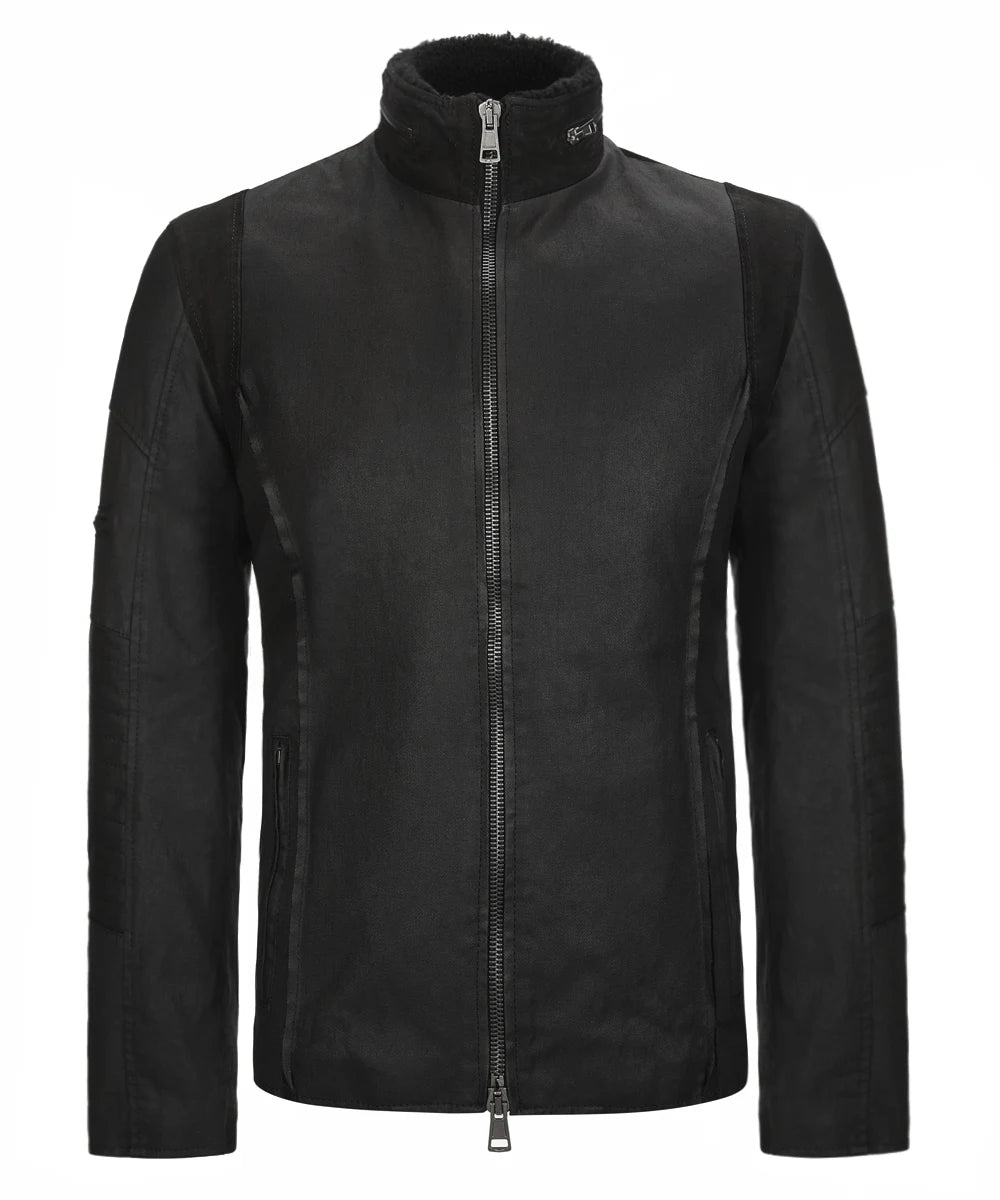 Front view of A-10 black jacket with raised collar and concealed shearling detail