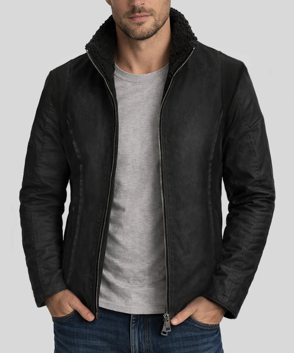 Men’s A-10 black jacket worn open by male model