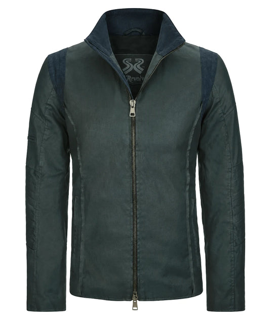 A-10 green jacket front view with zip closure and suede trim