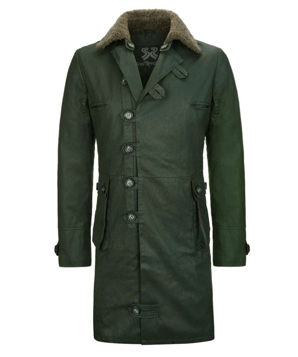 Bane cotton coat in luxury green material. Military style influenced by Batman Bane.