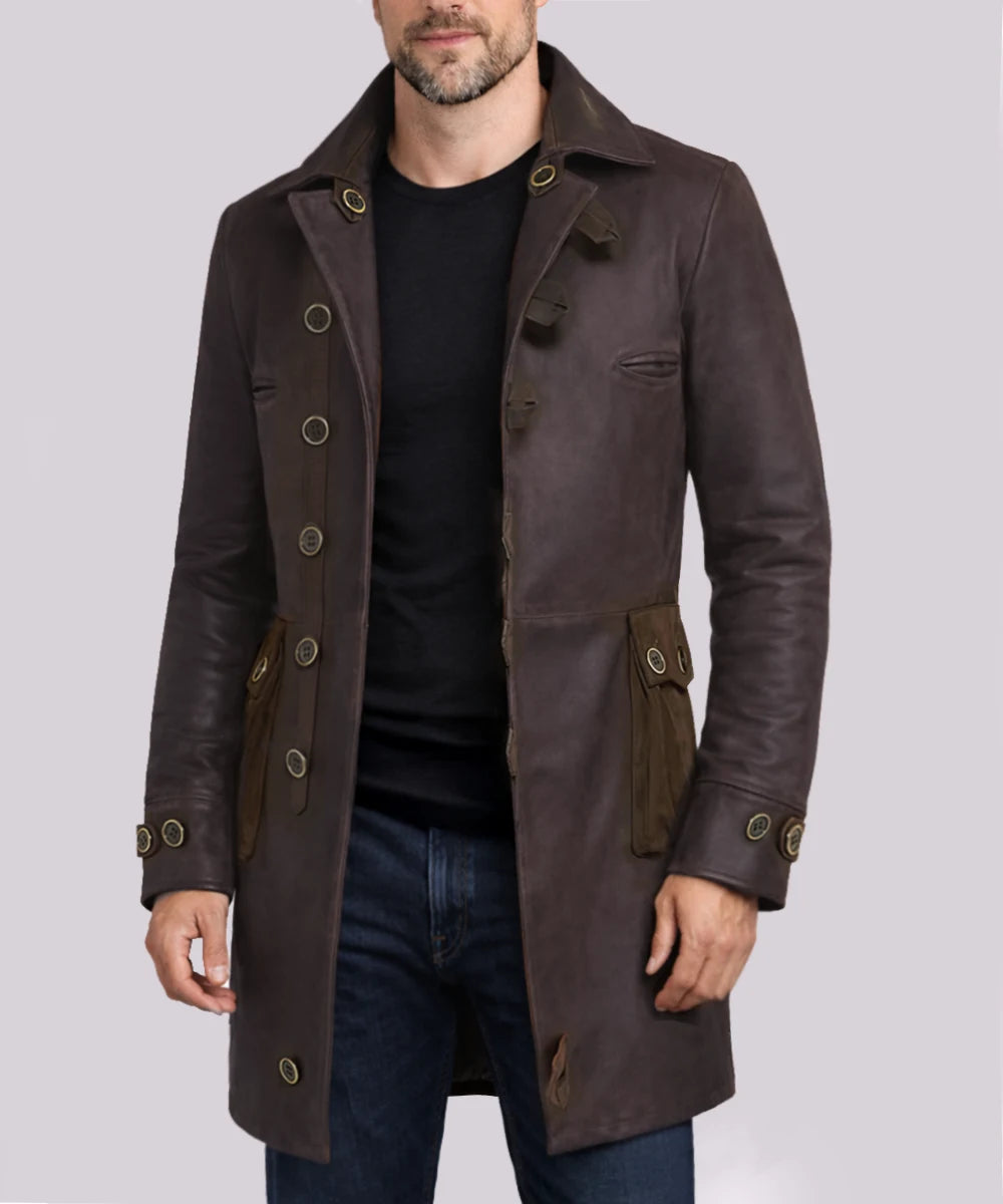 Men's Batman Bane military calf leather coat in brown.