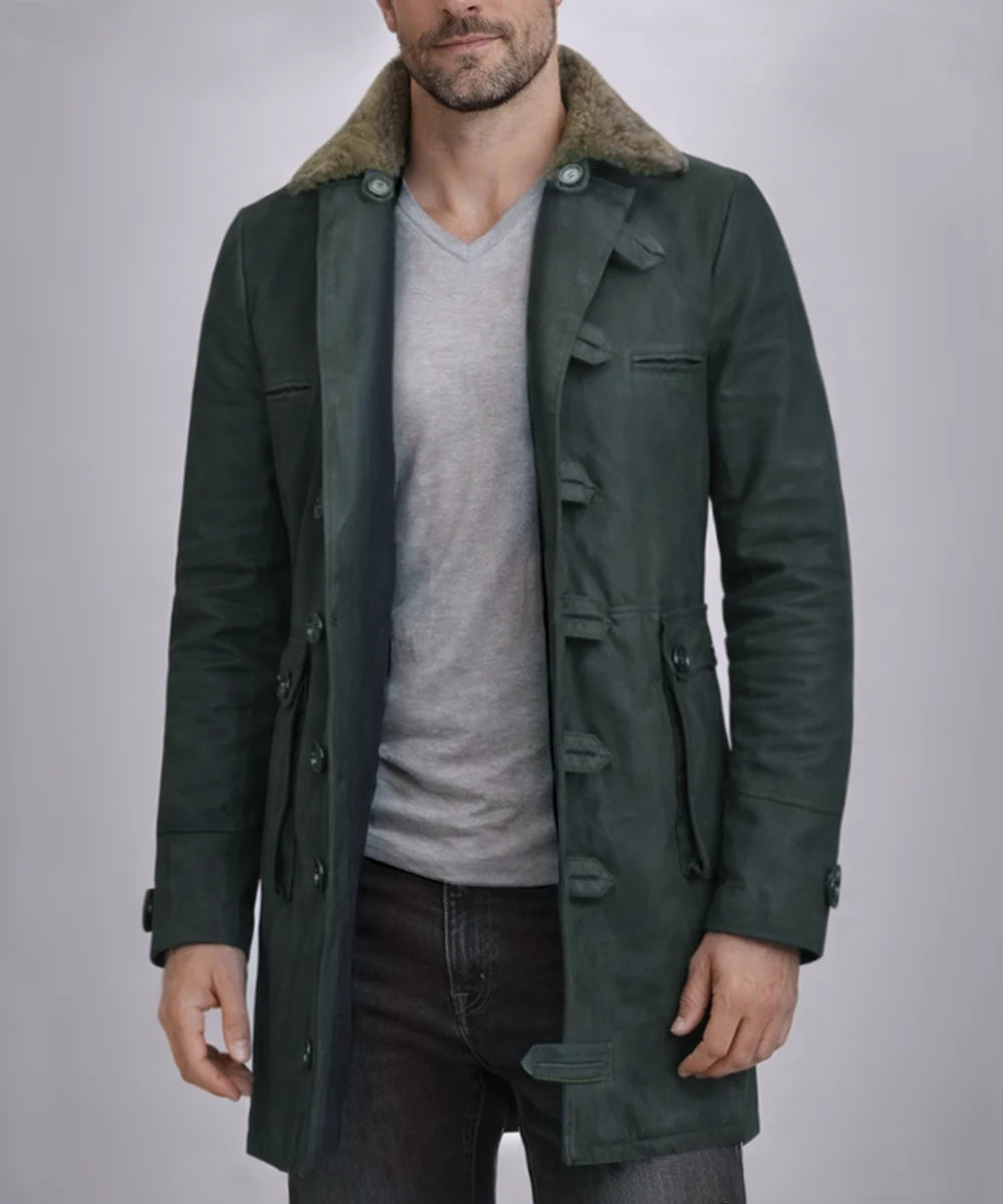 Model wearing green Bane replica coat with shearling collar and open front style