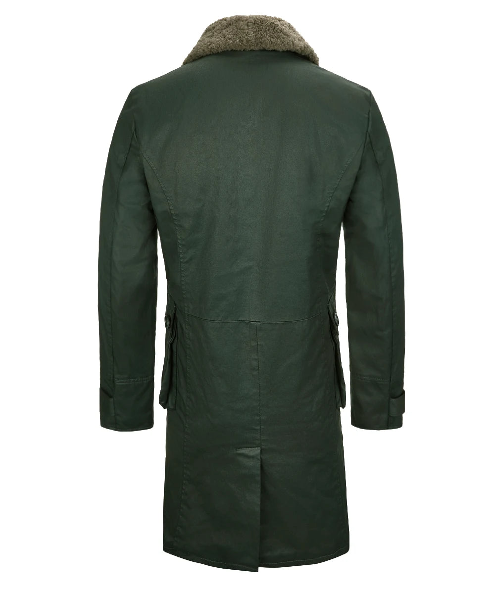 Back view of men's green cotton coat with wool collar