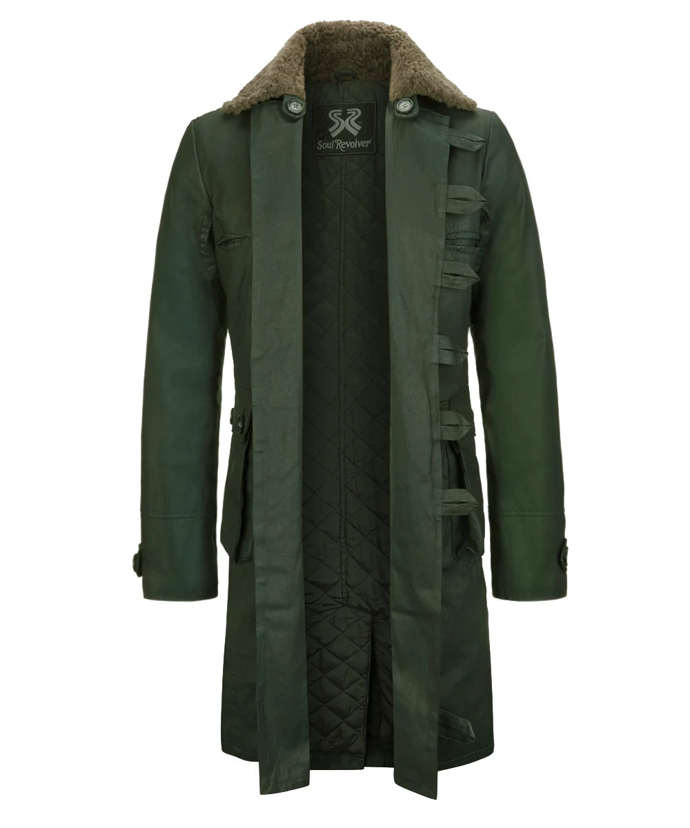 Mens green cotton coat with shearling wool-lined collar. Military inspired design made in Italy