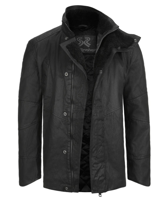 Menâ€™s black 2049 jacket front view with high collar