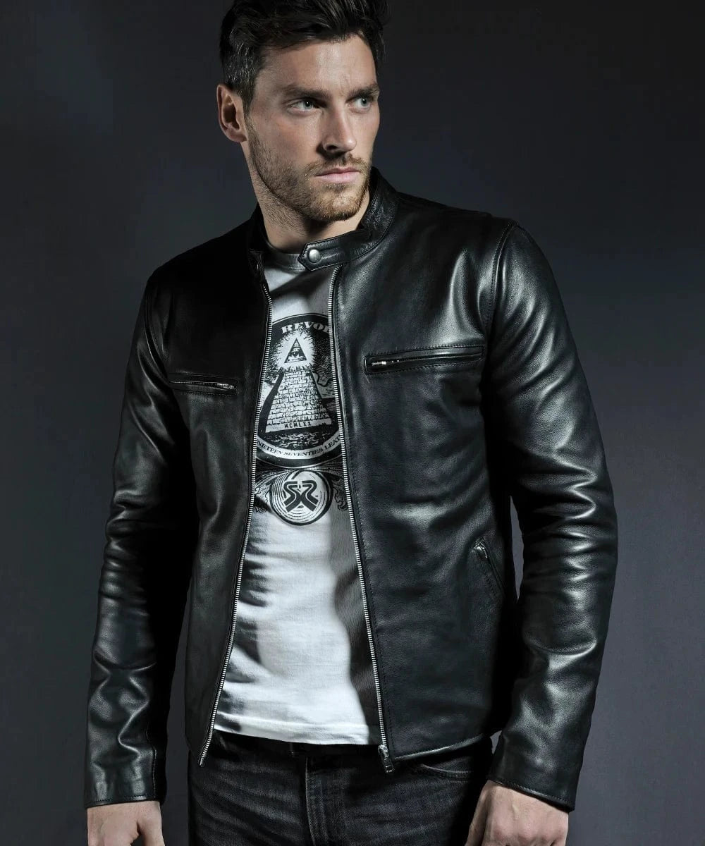 cafe racer black biker leather jacket