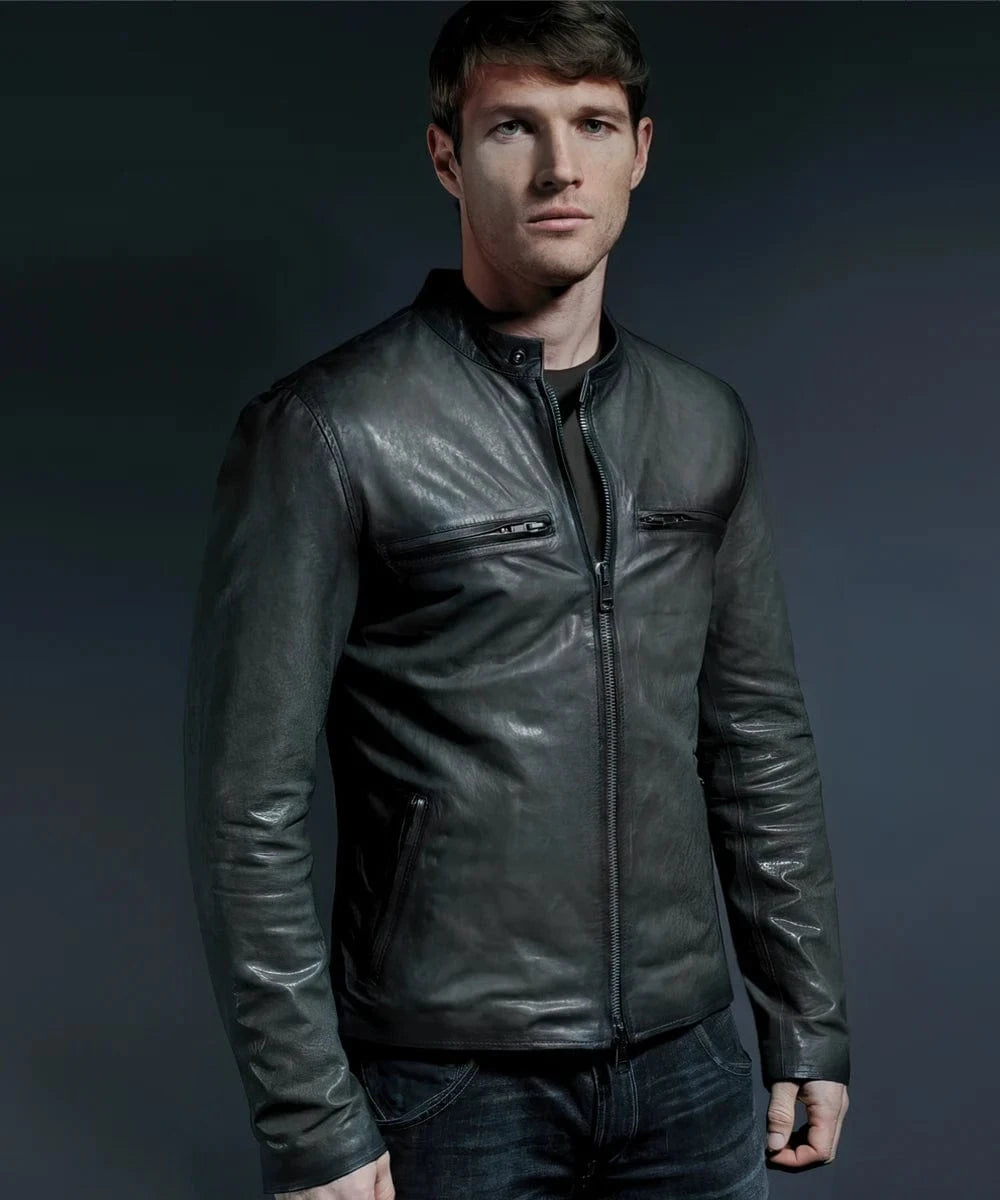 cafe racer grey biker leather jacket