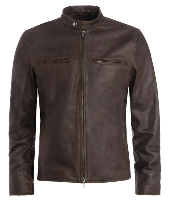 Brown cafe racer calf leather jacket with stand collar and zip chest pockets front view