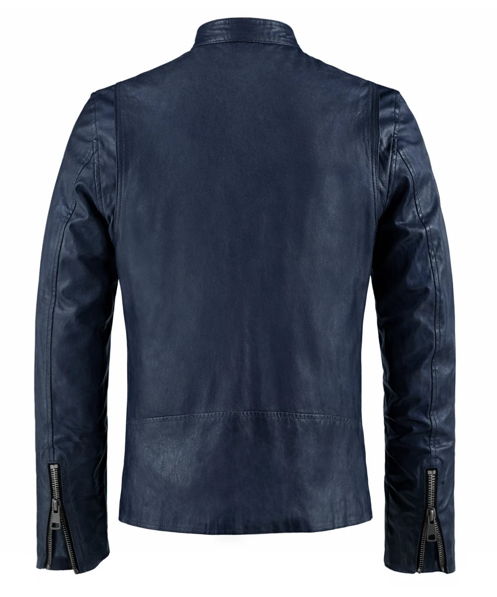 Back view of blue cafe racer leather jacket with zip cuffs and slim fit