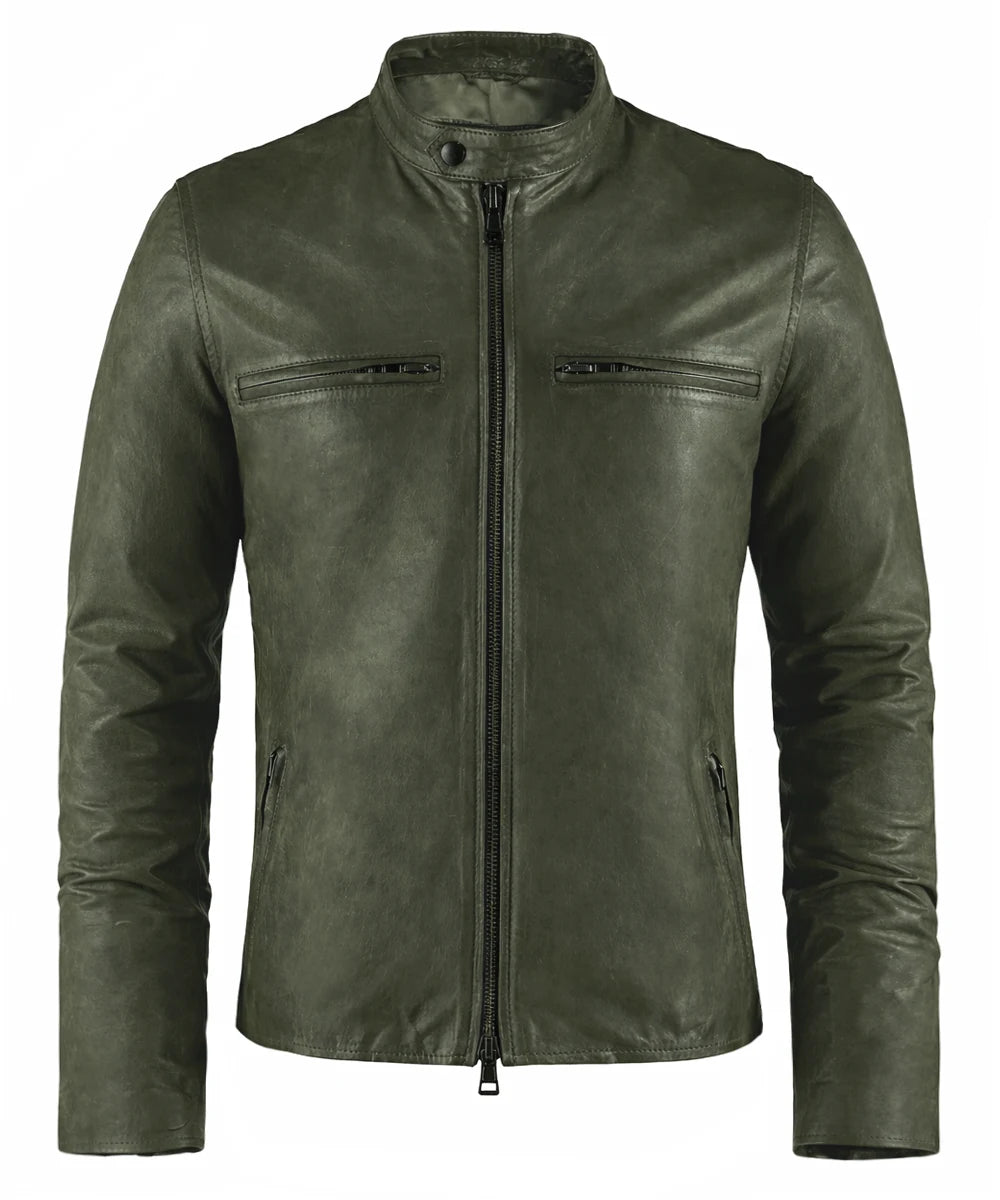 Men's Green leather jacket. Cafe Racer style front view