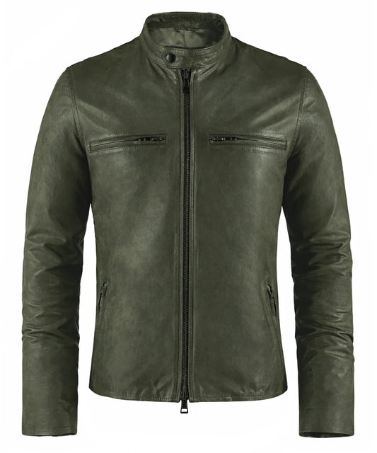 Men's Green leather jacket. Cafe Racer style front view