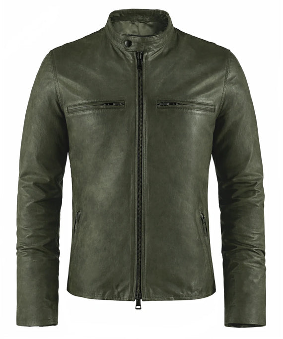 Green cafe racer leather jacket with stand collar and zip chest pockets front view