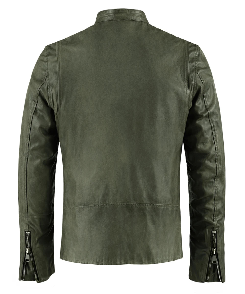 Back view of men's cafe racer style green leather jacket with zips.