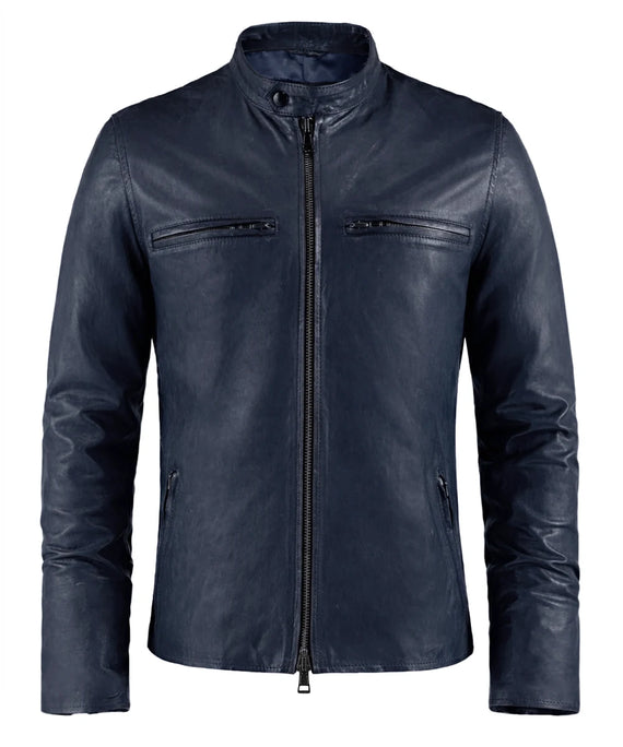 Blue cafe racer leather jacket with stand collar and zip chest pockets front view