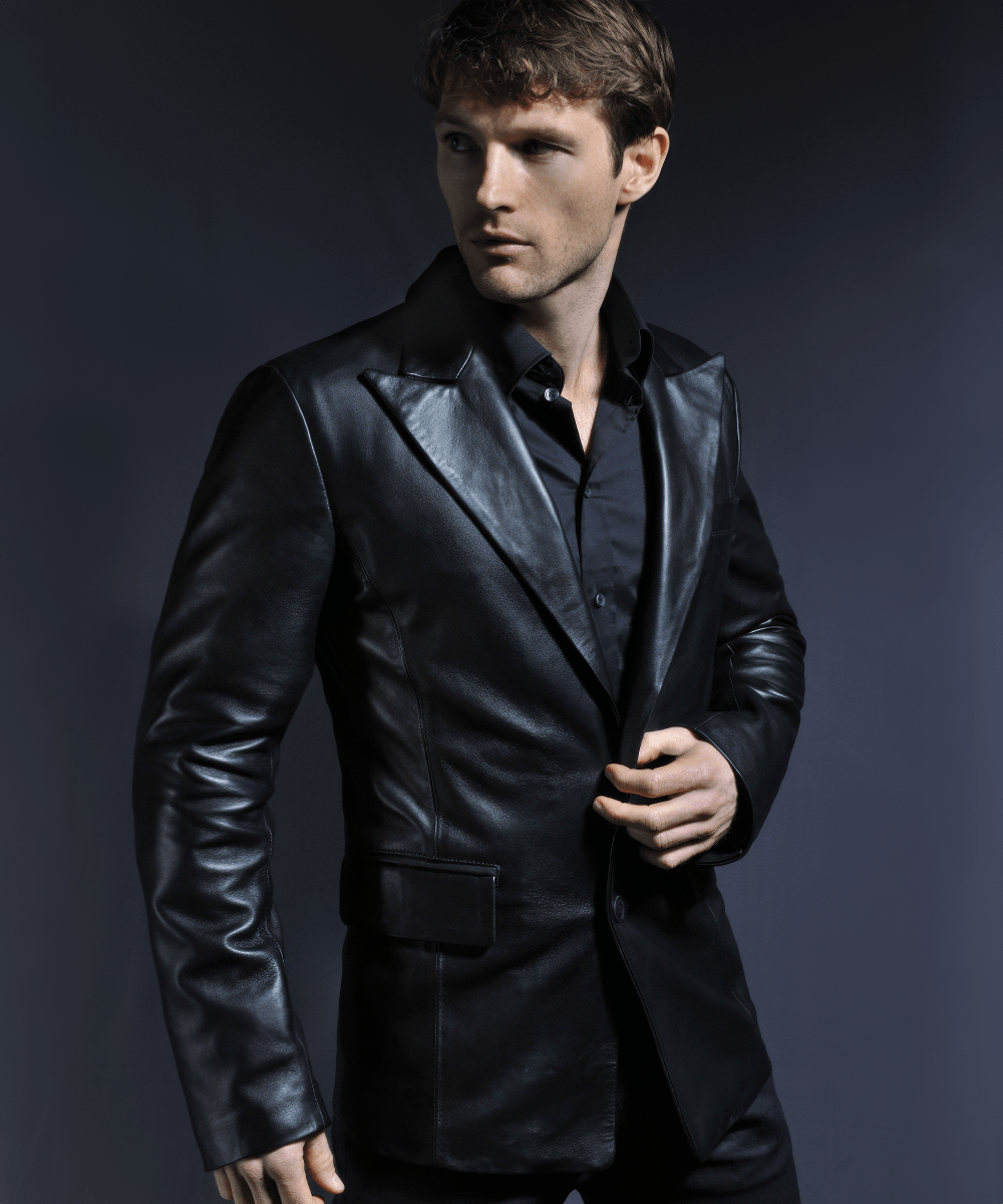 Men's black leather blazer. Designer jacket.
