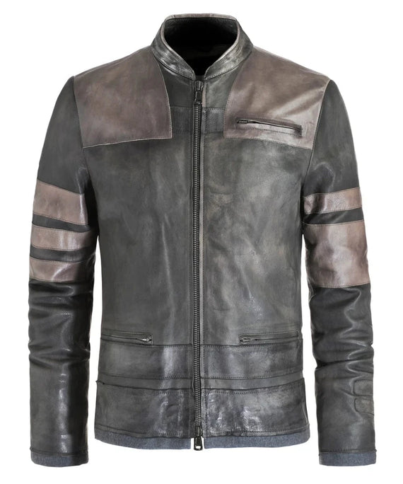 Starkiller replica grey leather jacket with slim fit sci fi styling and contrast panel detailing