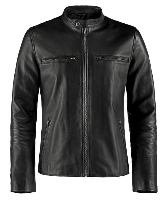 Black cafe racer leather jacket with stand collar and zip front view