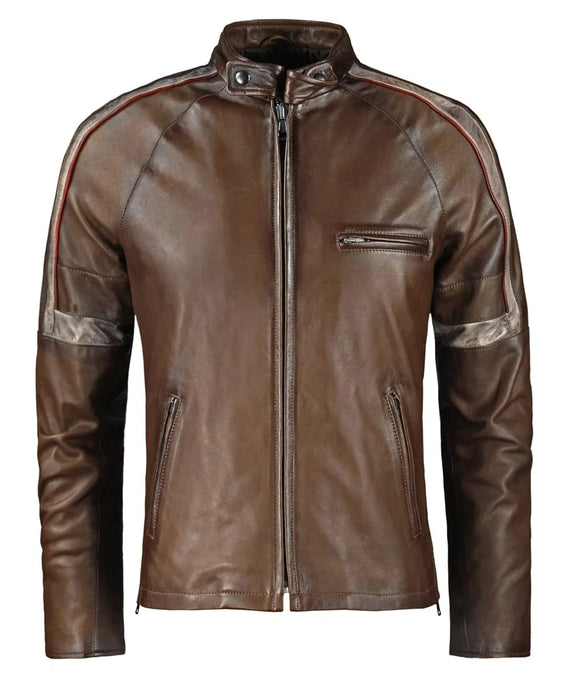War of the Worlds replica brown leather cafe racer jacket with vintage stripe detailing