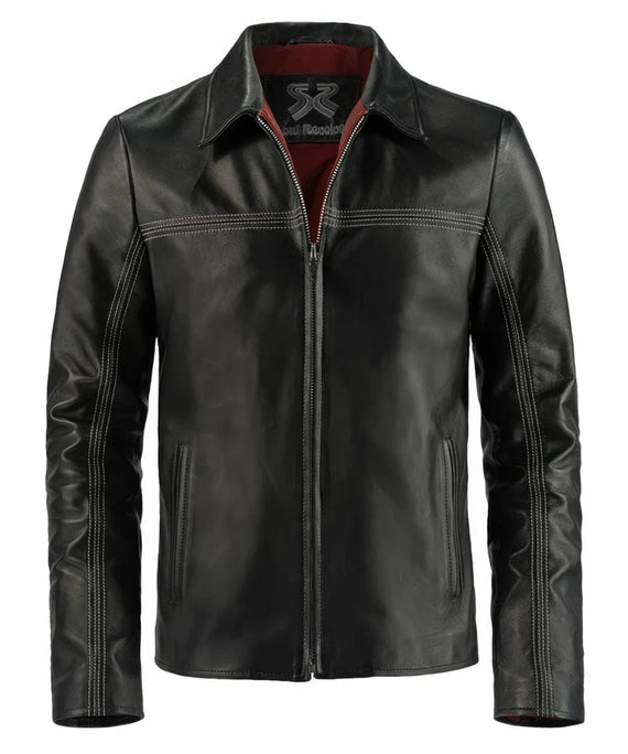 Black leather Layer Cake movie replica jacket with slim fit styling, vintage inspired collar, zip front closure, contrast stitching, and clean minimalist detailing