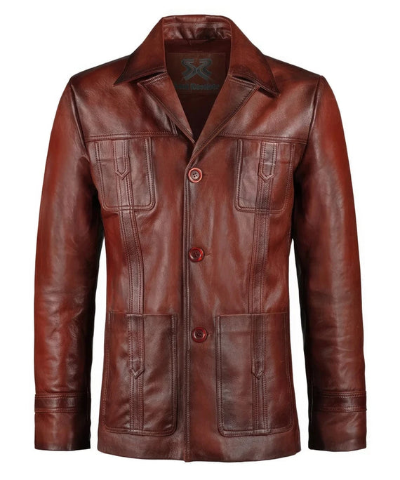 Antique red leather Life on Mars TV replica jacket with slim fit styling, vintage wide collar, button front closure, and retro utility pocket detailing