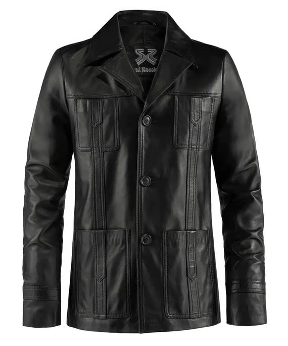 Black leather Life on Mars TV replica jacket with slim fit styling, vintage wide collar, button front closure, and retro utility pocket detailing