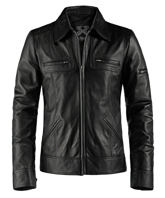 Vintage slim fit black leather jacket with retro pointed collar styling and zip chest pocket detailing