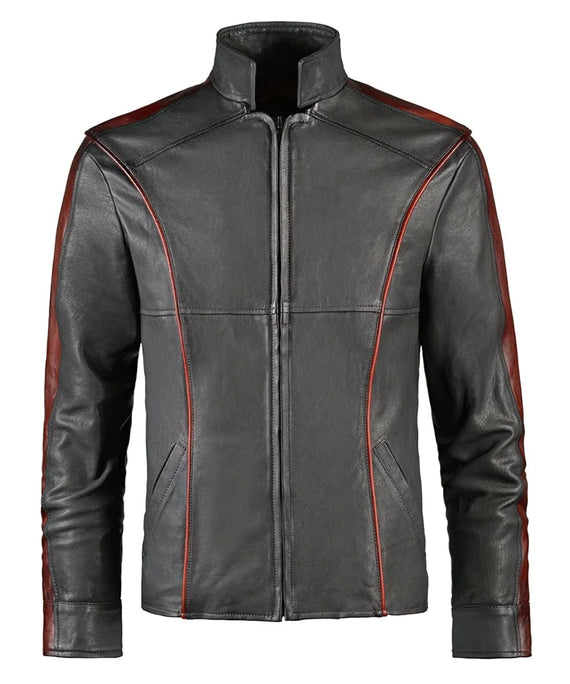 Mass Effect replica grey leather jacket with slim fit futuristic styling and contrast red piping detail