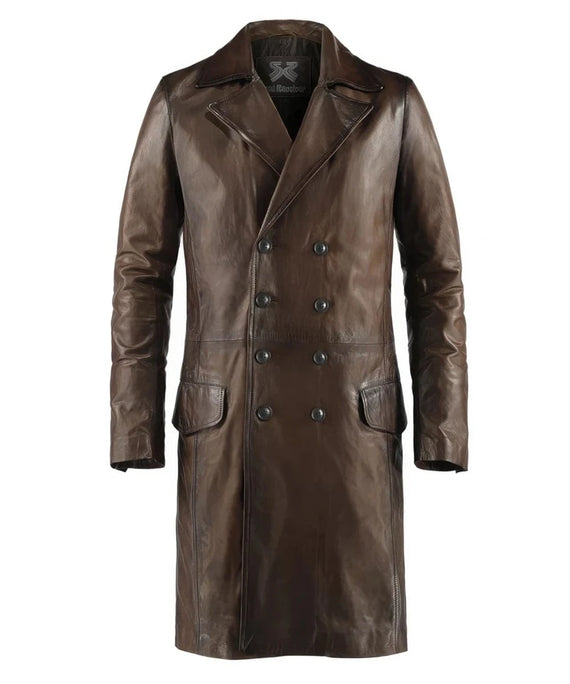 Front view of vintage brown leather coat with slim fit styling and classic tailored design