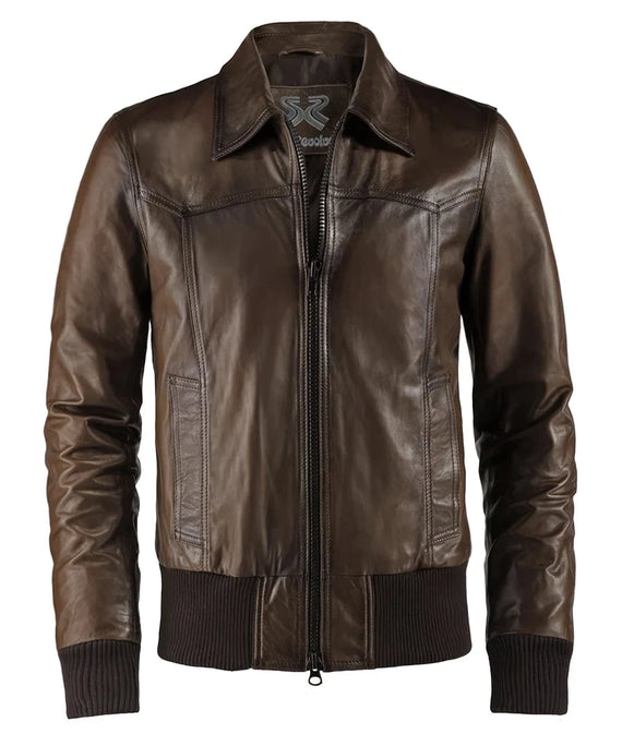 Front view of vintage brown leather bomber jacket with slim fit styling and ribbed knit trim