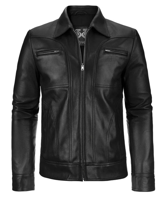 Front view of vintage black leather jacket with slim fit styling and zip front design