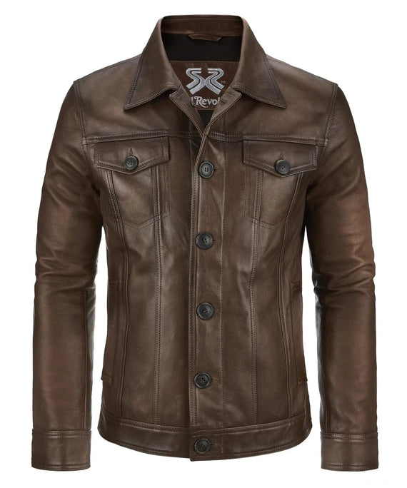 Front view of vintage brown leather trucker jacket with slim fit styling and classic trucker inspired design