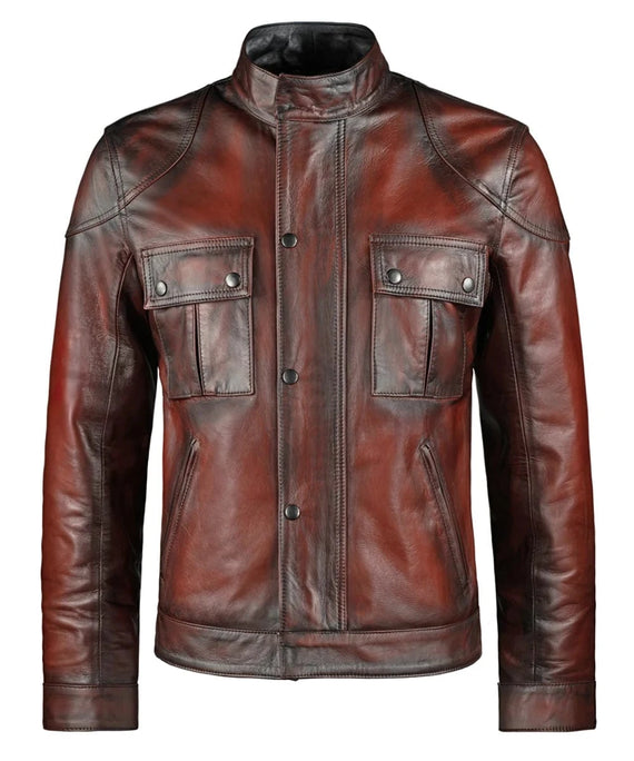 Front view of vintage red leather jacket with slim fit styling and distressed finish