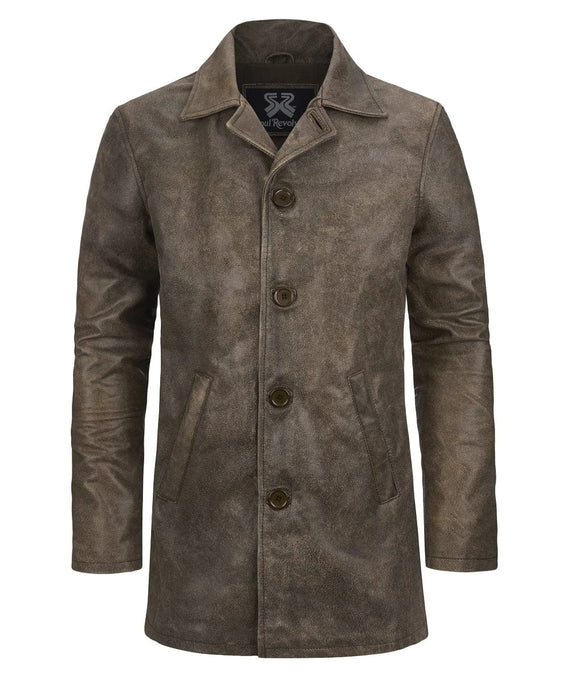 Front view of Dean Winchester Supernatural replica distressed brown cowhide leather jacket with vintage styling