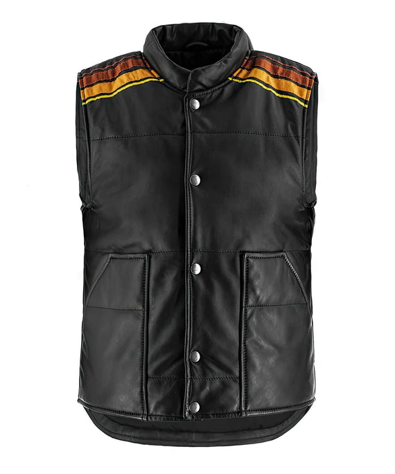 Front view of Tyler Durden Fight Club replica black leather vest with distressed detailing and shoulder stripe accents