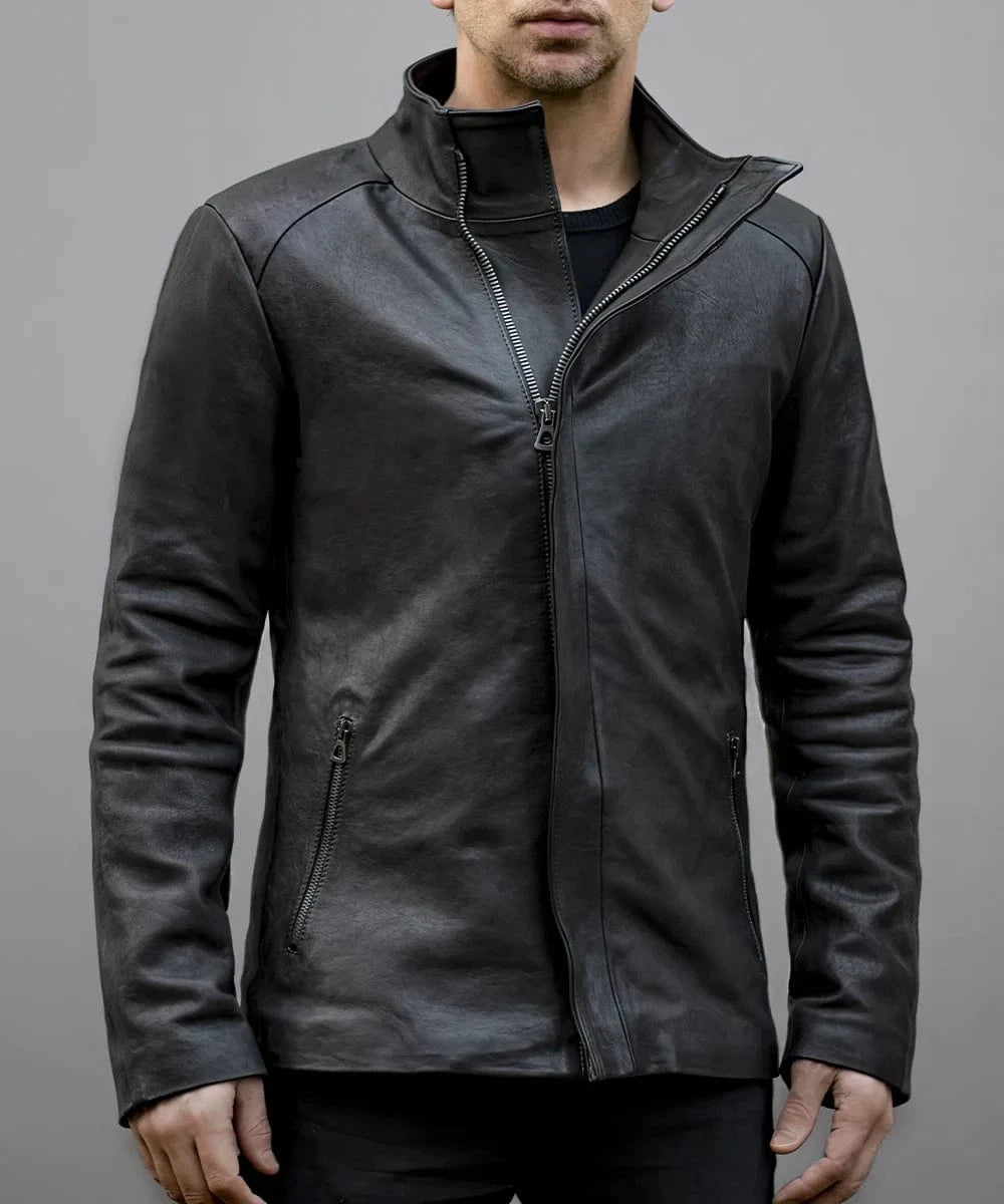 libertine funnel neck leather jacket